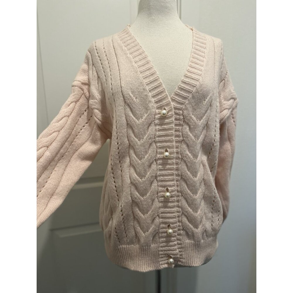 Vtg Hand Knit Pink Cardigan Cottagecore Pearl Button Cable Chevron Sweater L-XL